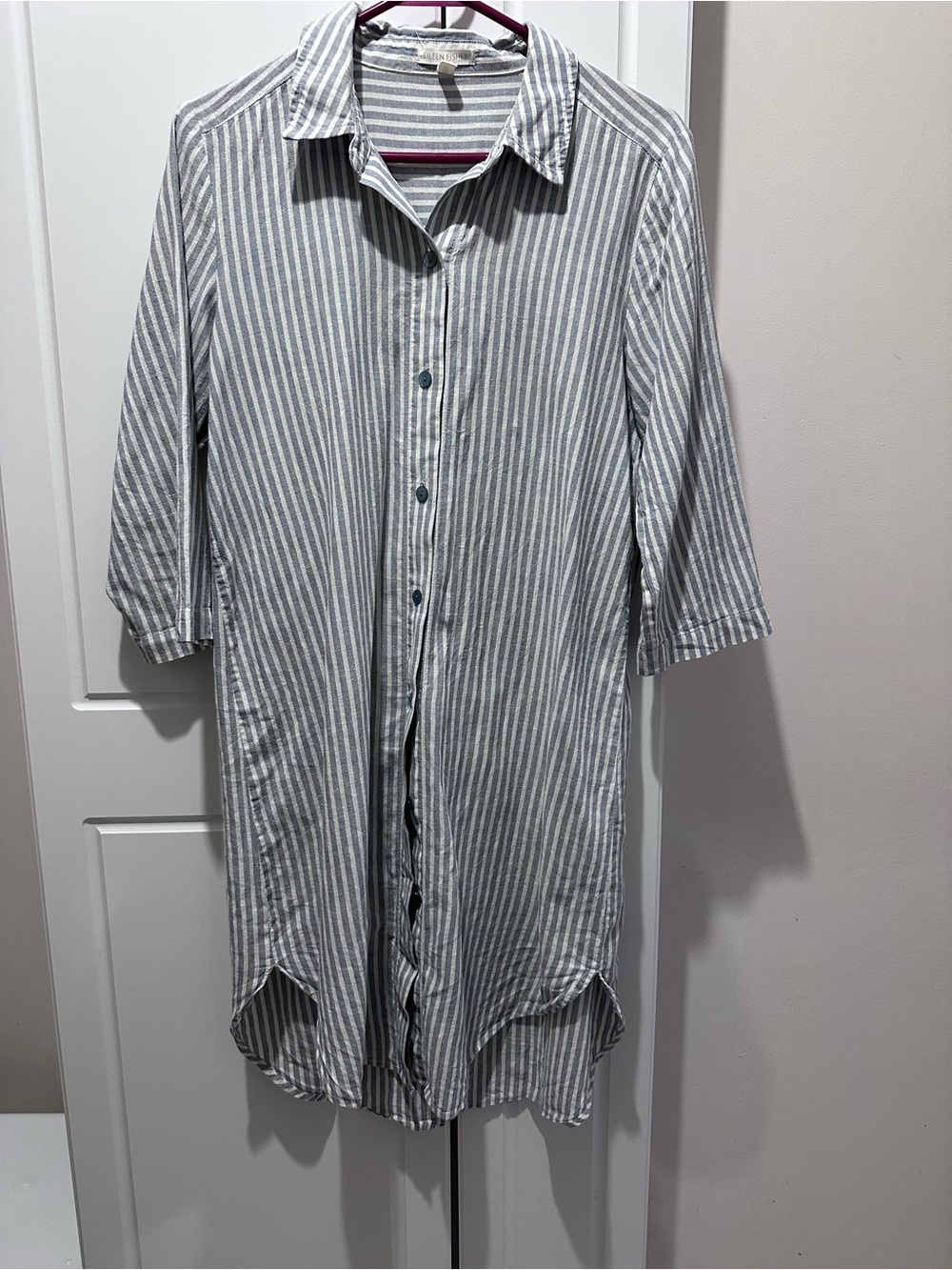 Eileen Fisher Blue/White Striped Longline Button-Down Shirt Natural Fabric $248